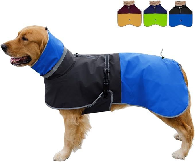 Waterproof Dog Winter Coat, Reflective Turtleneck Fleece Jacket with Snow Protection for Large Dogs, Cold Weather Pet Clothing (Blue, 5XL)
