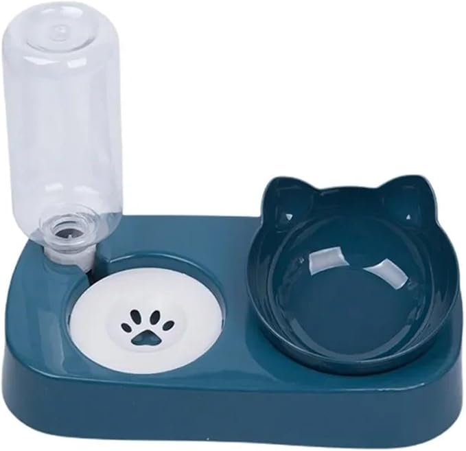 Double Dog Cat Bowls 2 in 1 Pet Water and Food Bowl Set with Automatic Stress Water Feeder for Cats, Dogs, Puppies, and Kittens(Blue)
