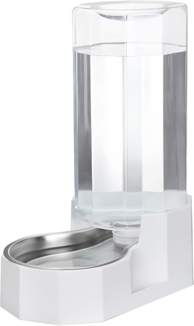 RIZZARI Automatic 9L Gravity Stainless Steel Pet Waterer, Fortunate Angular Water Feeder with Edges, Safe and Large Capacity, Suitable for Small and Medium-Sized Cats and Dogs (9L with Filter), White