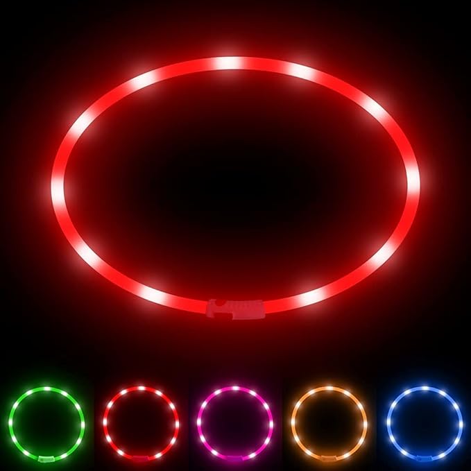 BSEEN Light Up Dog Collar, Silicone LED Dog Collar Rechargeable Cat Collar Cuttable Glowing Puppy Necklace Safety Dog Lights for Night Walking (Red)