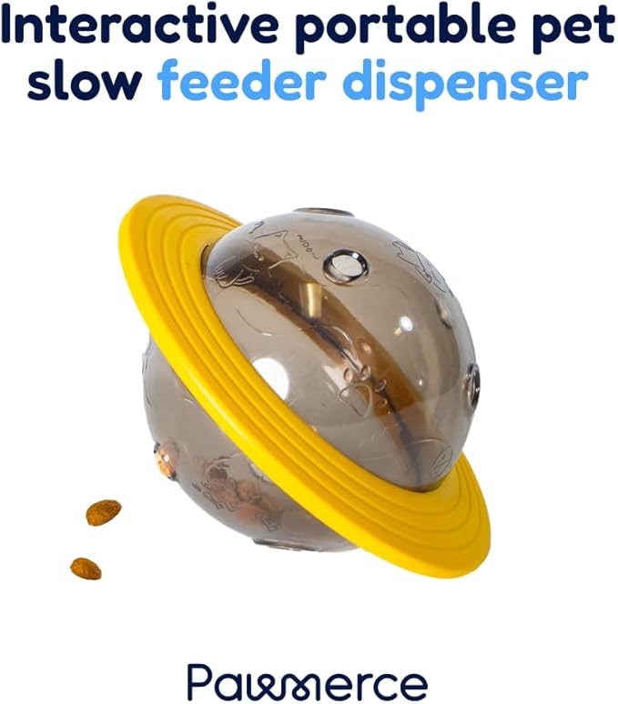 2-in-1 Pets Smart Portable Feeder & Toy, Interactive UFO-Shaped Kibble Dispenser, Indestructible Dog Toy Puzzle for Enrichment and Mental Stimulation Alternative to Slow Feeder (Yellow)