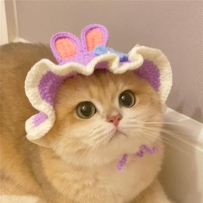 QWINEE 3D Ear Design Knit Cute Dog Hat Soft Cat Hat Rabbit Hat Halloween Christmas Party Costume Head Wear Accessories for Puppy Cat Kitten Small Dogs Small Animals Purple M