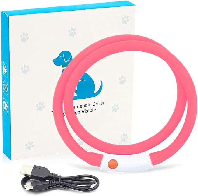 BSEEN Light Up Dog Collar, Silicone LED Pet Collar Rechargeable Glowing Puppy Necklace Safety Dog Lights for Night Walking (Pink)