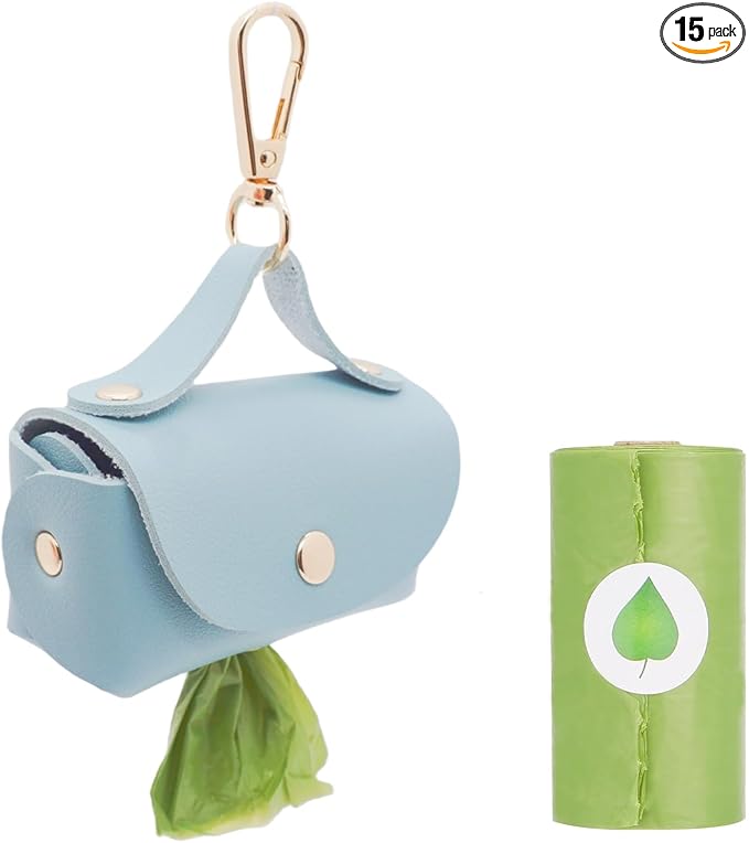 Leather Poop Bag Holder Dispenser for Leash, Portable and Reusable Dog Poop Bag Dispenser, Dog Bag Holder for Walking, Outdoor, Travelling (Blue)