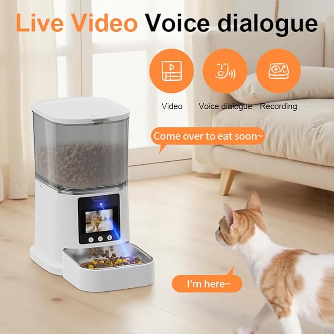 WiFi Smart HD Automatic Pet Feeder with Camera & Night Vision, 2-Way Audio, App and Remote Control, 6L,Dual Power, Easy to Clean,LCD Display, for Cat & Dog.