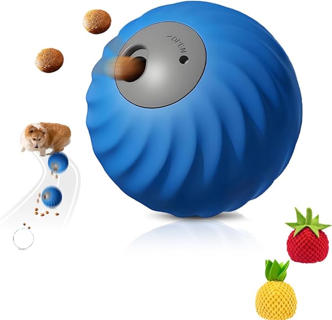 Zoomie Buddy 2.0 Smart Touch Interactive Dog Toys, 2 in 1 Interactive Dog Balls ＆ Pet Feeder, DogsTrack Food Leaking Ball, New TPU Automatic Rolling Ball for Dogs with Fruit Plush Cover (Blue)