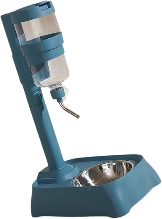 Pet Feeder Waterer Water Bottle Stand Adjustable Height 2 in 1 Food Container Automatic Food Feeder Dog Bowl for Rabbits Cat, Blue