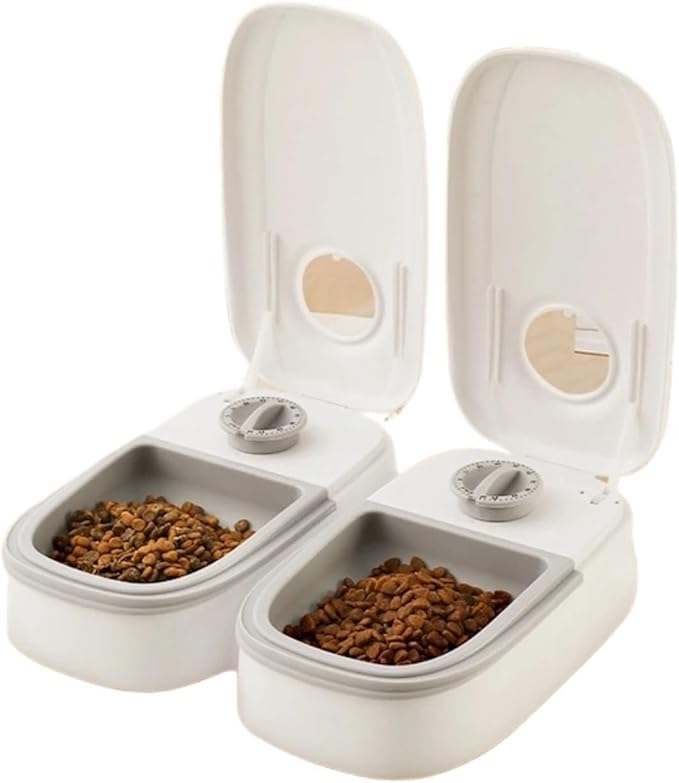 Pet Automatic Feeder Timed Quantification Separate Bowls for Dry Wet Feeding Easy to Clean Short-Distance Travel Home Use(Dual Meal Gray)