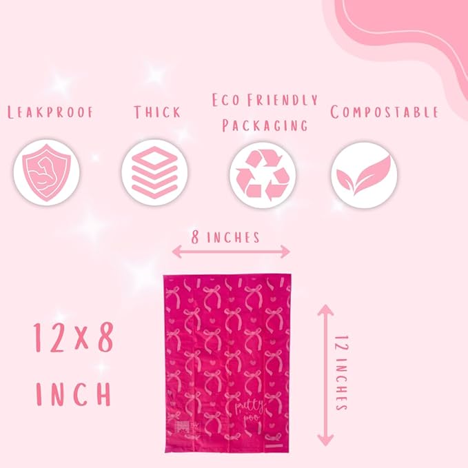 Pretty Dog Poop Bags - 150 Count, Certified Home Compostable, Leakproof, Extra Thick, Tear Resistant, Pink, Vanilla Scented, Sugar Bows