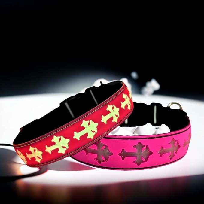 LED Dog Collar with ID Tag Set, Glowing Cross Pattern, Multiple Colors, Silicone Material (Pink, XL(19.7-23.6"))
