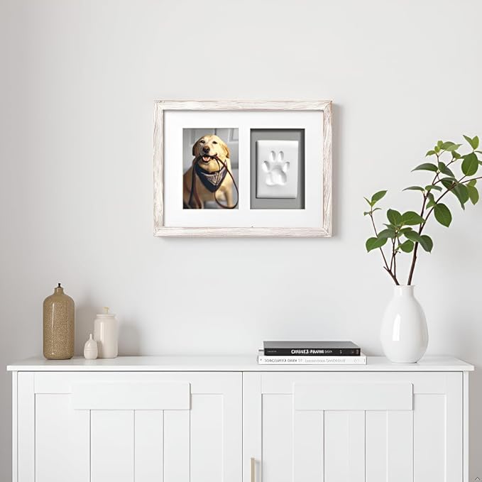 Pearhead Pet Pawprints Wall Picture Frame and Clay Impression Kit - DIY Clay Paw Print, Memorial Keepsake Frame for Cat and Dog, Ideal Home Decor Gift for Pet Owners, 4x6 Photo, Distressed White