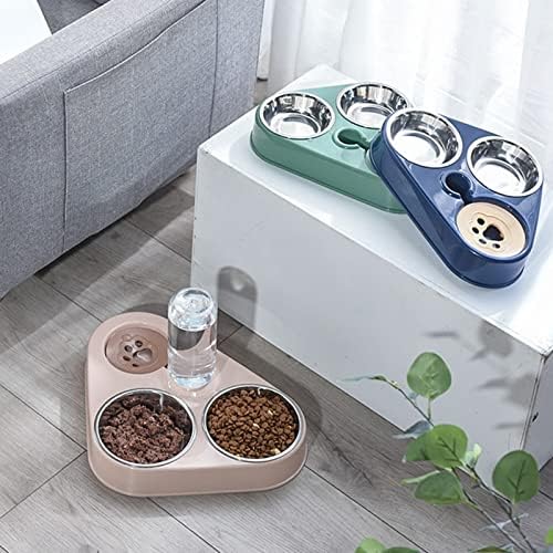 3 in 1 Pet Dog Bowl with Water Bottle Cat Automatic Drinking Food Double Bowls Stainless Steel(3 in 1 Navy Blue)