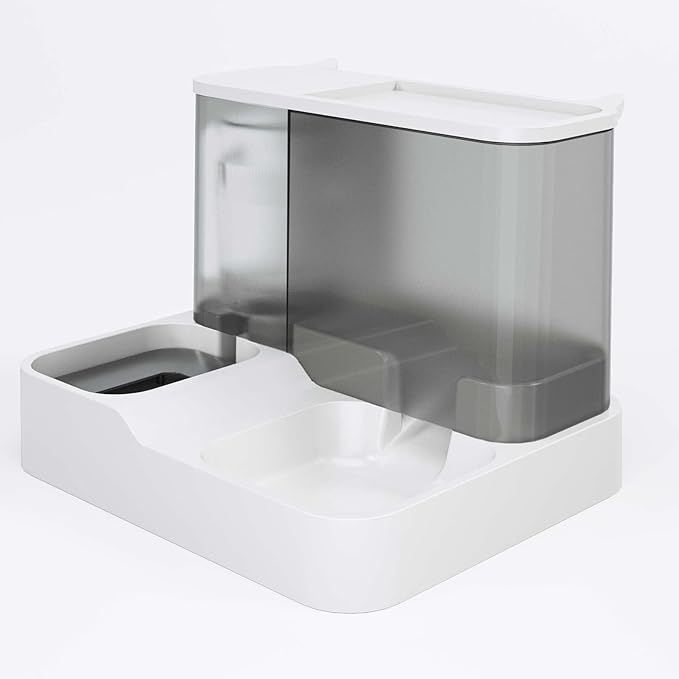 Automatic Dog Water Food Feeder, One Piece Design, Wet and Dry Separation with Transparent Window Large Capacity for Short Term Travel, Pet Water Food Dispenser (Gray)