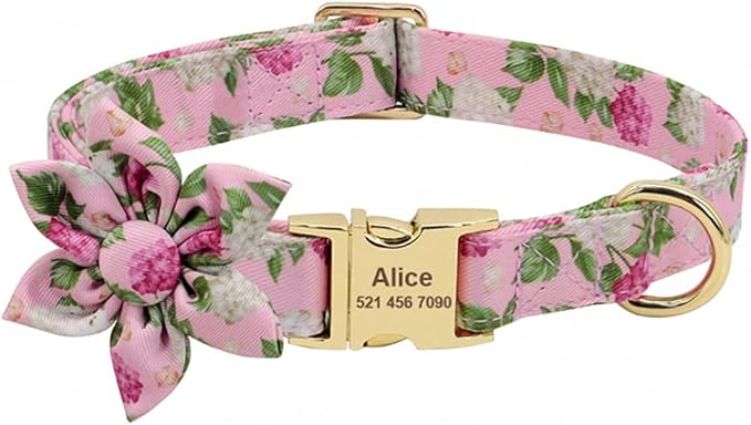 Custom Flower Dog Collar Nylon Floral Printed Pet Dog Collars Personalized Puppy Collar for Small Medium Large Dogs Cat Pitbull 145 Pink S