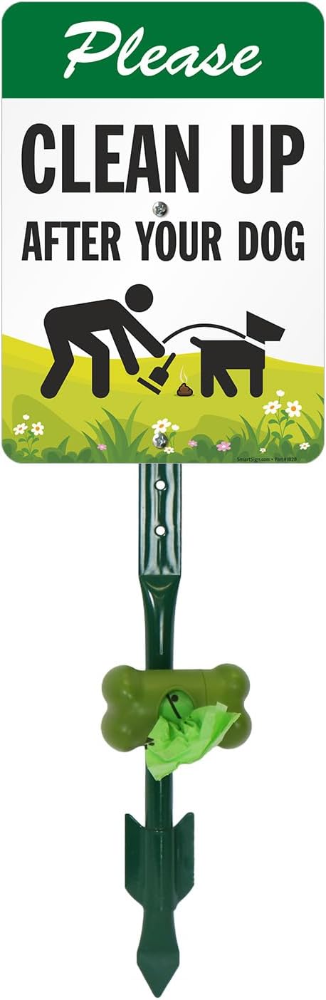 SmartSign Please Clean Up After Your Dog Yard Sign & Clip-On Dispenser Combo/Kit, 7"x10" Rust-proof Aluminum Sign with 18-inch Steel Stake, Compact Dispenser Preloaded with a 15 Dog Poop Bags Roll