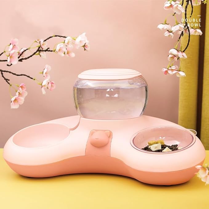 Pet Food and Water Bowl Set, Large Capacity Crescent Type Tilt Design Automatic Double Pet Bowls with Skid Resistance Bottom, Pet Feeder Automatic Gravity Water Dispenser for