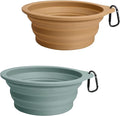 PetBonus 2-Pack Large Silicone Collapsible Dog Bowls, 34oz/1000ml BPA Free Portable Foldable Travel Bowl for Pet Cat, Food Water Feeding Dish for Camping with 2 Carabiners (Turquoise, Tan)