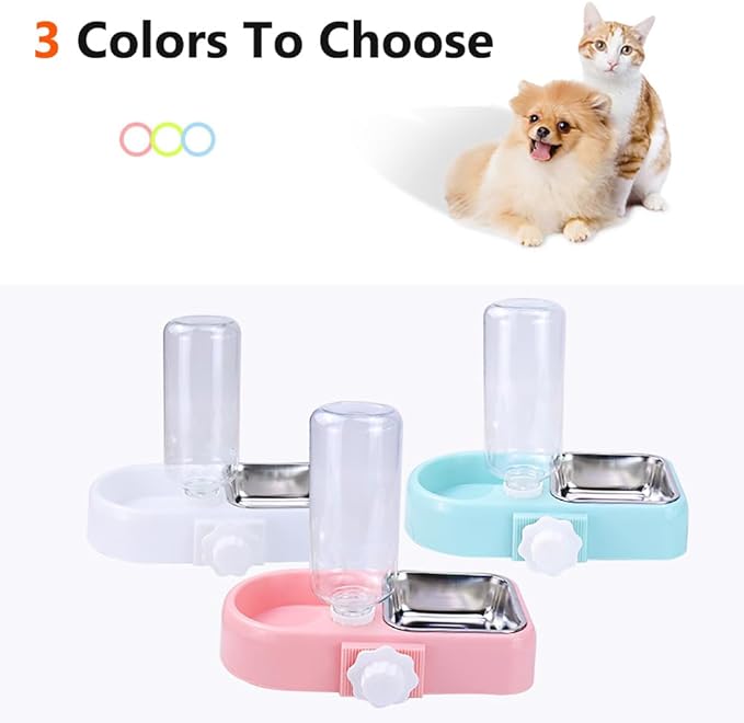 Hanging Dog Bowls, Cage Automatic Cat Food and Water Bowl Set with Water Dispenser and Stainless Steel Bowl, Detachable Gravity Pet Feeder and Waterer Set for Cats Dogs Puppy Rabbit (White)