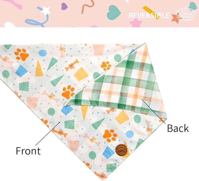 CROWNED BEAUTY Birthday Dog Bandanas Reversible Large 2 Pack, Celebration Set, Plaid Adjustable Triangle Holiday Blue Green Scarves for Medium Large Extra Large Dogs Girl Boy Pets DB43-L