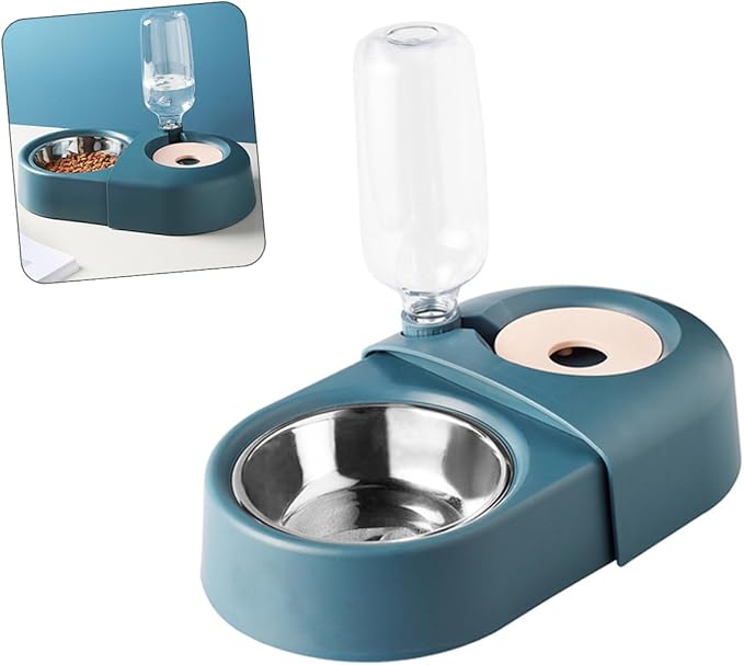 Automatic Pet Feeder and Drinking Bowl for Dogs and Cats, Blue Plastic Anti-Spill Water Dispenser with Food Tray, Suitable for Home and Travel Use