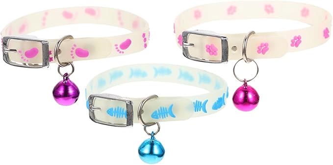 VICASKY 3Pcs Glow in The Dark Dog Collar Cat Light Up Silicone for Dogs Led Collars at Night Kitten Bell Bells Lighted Rechargeable Anime Necklace Glowing with up Puppy Adjustable Fluorescent Pet