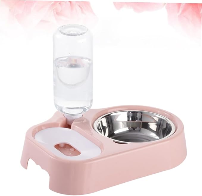 Pet Double Bowl with Automatic Water Feeder Smooth Safe and Stylish Feeding for Cats and Dogs Pink Convenient Food and Water Bowl for Home Decor