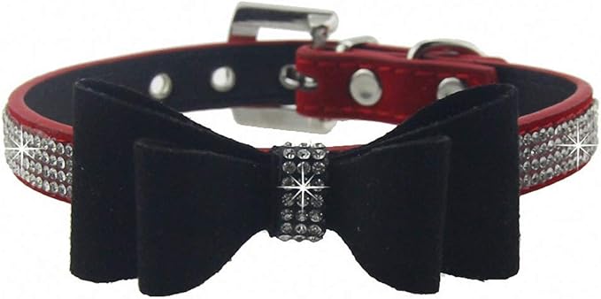 Luxury Pet Accessories Dog Collar Rhinestone Buckle Design Fancy Crystal Suede Bow Tie Dog Collar for Small Medium Large Dogs 15 Black Bow S