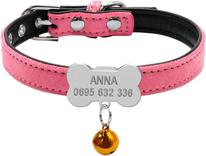 Personalized Chihuahua Collar for Small Dog Adjustable Padded Pet Collars with Bell for Small Medium Cat Dogs Pink Bone XXS