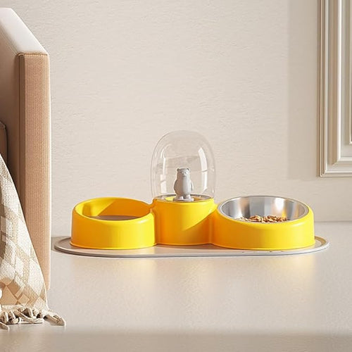 2 in 1 Dog Water and Food Bowl Set, Stainless Steel Automatic Cat Feeder Pet Water Dispenser Double Cat Bowls for Dogs Cats (Yellow)