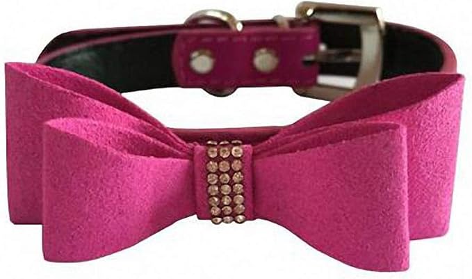Luxury Pet Accessories Dog Collar Rhinestone Buckle Design Fancy Crystal Suede Bow Tie Dog Collar for Small Medium Large Dogs 15 Rose Bow and Collar M