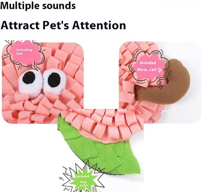 Fruit Shaped Snuffle Mat for Dogs and Cats, Interactive Slow Feeding Toy with Crinkle Paper BB Squeaker and Bell, Peach Watermelon Lemon Pear Design, Soft Fleece with Non-Slip Bottom (peach)