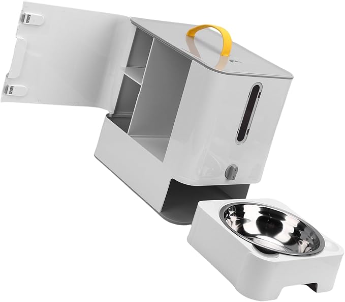 Fabater Automatic Pet Feeder, Large Capacity Programmable Automatic Feeding Damp Proof Sealing Pet Food Storage Container, Timed Feeder with Stainless Steel Bowl for Home Outdoor Travel (Gray)