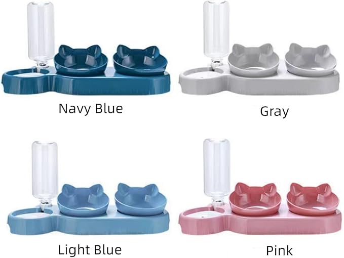Triple Cat Bowls for Food and Water, Plastic Raised Cat Dishes, Automatic Water Bottle 3 in 1 Pet Bowls 2 Food Bowls and Water Feeder Set Wet Dry Food Bowl Set for Cats Puppy Small Dogs (Navy Blue)