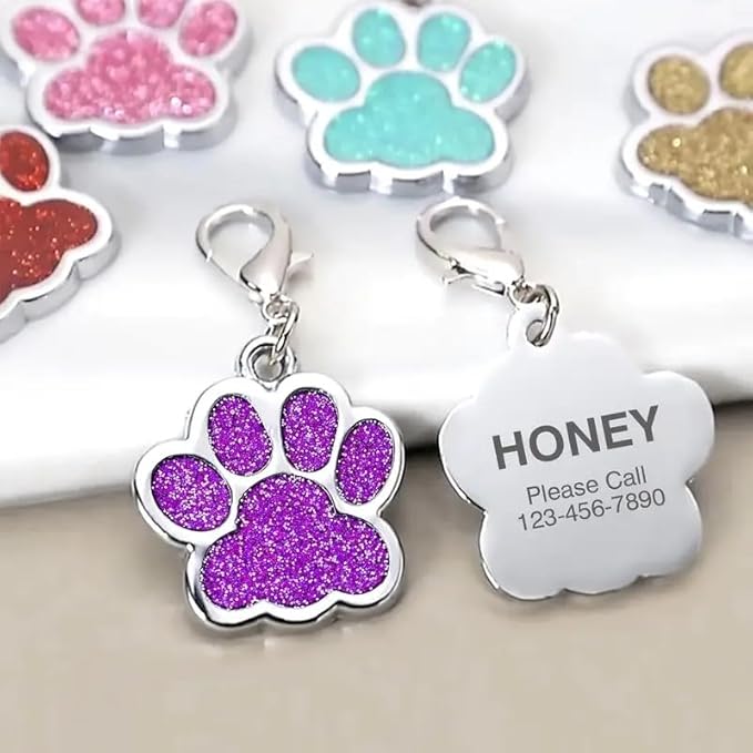 Cute Personalized Pet Name Tags - Glitter Custom Pet ID, Dog ID Tags Engraved, Paw-Shaped Small: Green