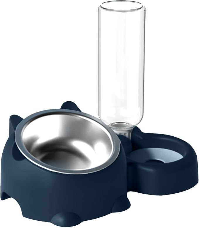 Cat Food and Water Bowl Set, Automatic Dog Dish Bowl with Water Dispenser, Removable Drinking and Eating Bowls, No-Spill Pet Feeder for Puppy, Medium Dogs & Cats (Blue)
