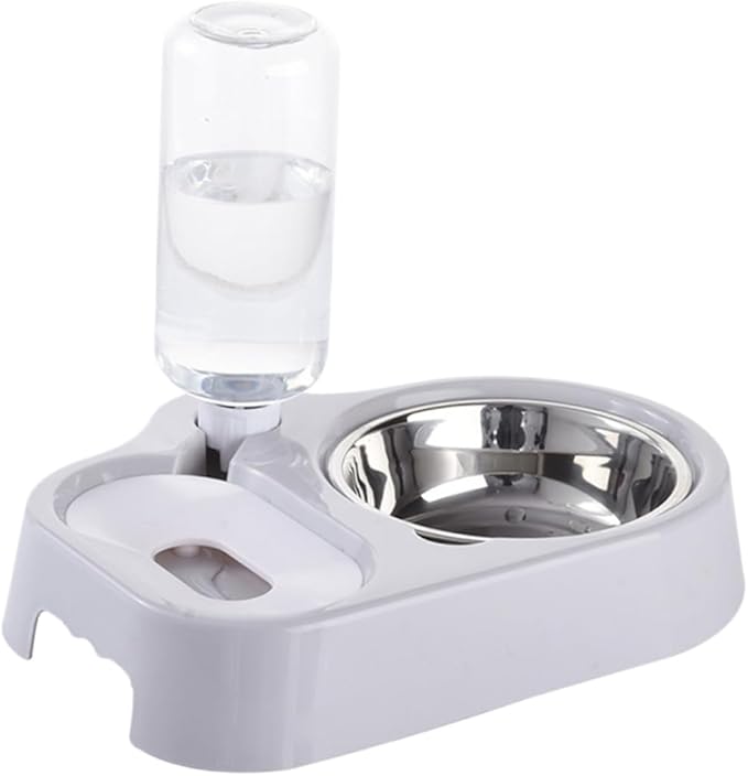 Pet Double Bowl Automatic Feeder and Water Dispenser for Cats and Dogs Sturdy Design Grey Convenient Feeding for Food and Water One Place