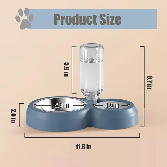 JAY D.L Double Dog Bowls, Cat Food and Water Bowl Set with Water Dispenser and Stainless Steel Bowl Gravity Feeder for Small or Medium Size Dogs Cats Rabbits (Blue)