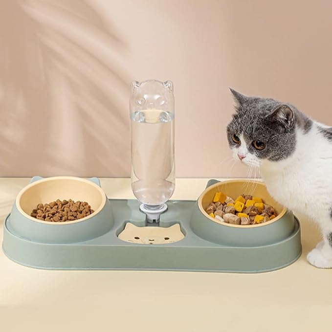 Mltao Pet Feeder, Sky Blue Automatic 3 in 1 Cat Feeder Bowl with Water Dispenser, Plastic Raised Cat Dishes, Wet and Dry Food Bowl Set for Small Dogs, Cats, Rabbits