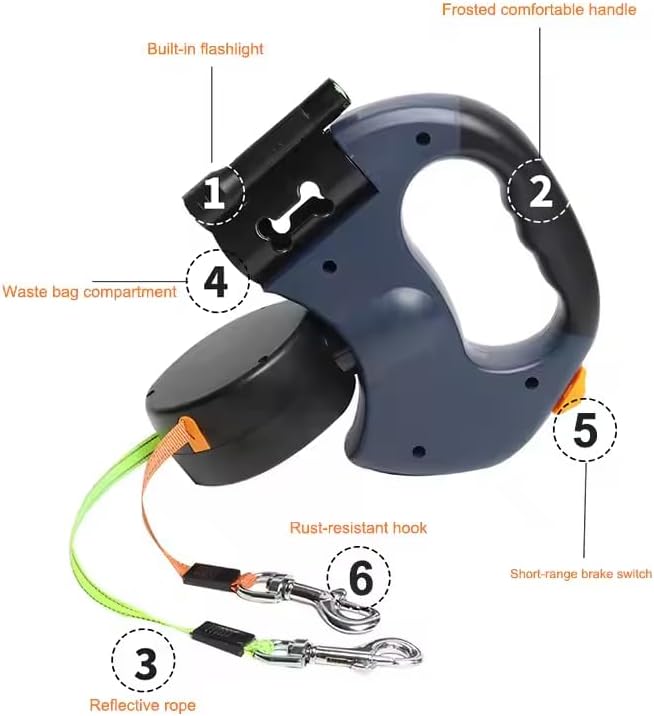 Dual Dog Retractable Leash with Flashlight & Poop Bag Holder, 360° Rotating Double Pet Leash for Small to Large Dogs – Hands-Free Dog Walking Accessory (C)