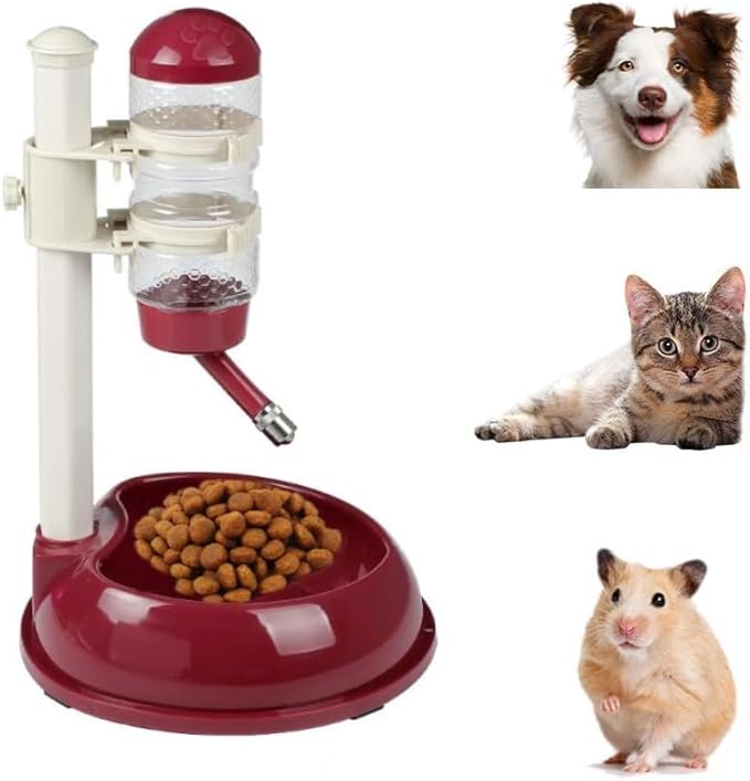 Pet Feeder Water Dispenser Kit,Adjustable Height Pet Automatic Water Food Dispenser Dog Bowl Vertical Cat Feeder Bowl Waterer Set for Dog Puppy Kitten (Brown)