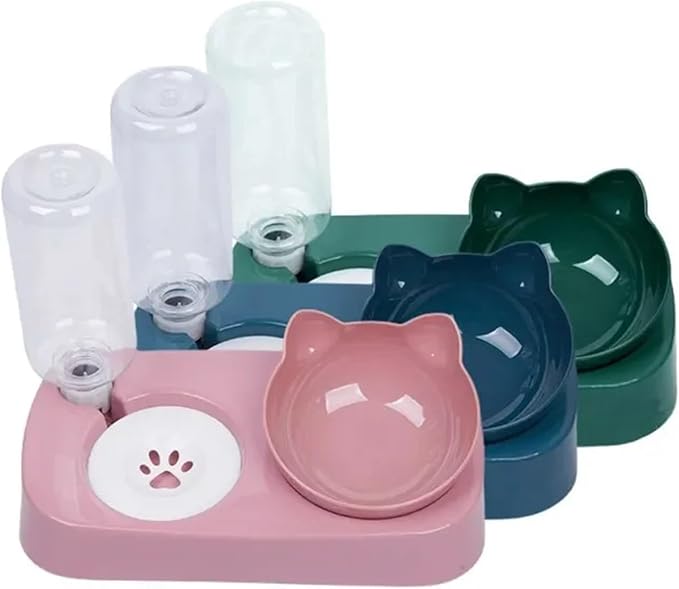 Double Dog Cat Bowls 2 in 1 Pet Water and Food Bowl Set with Automatic Stress Water Feeder for Cats, Dogs, Puppies, and Kittens(Pink)