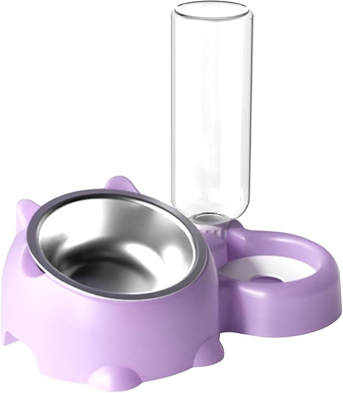 Cat Food and Water Bowl Set, Automatic Dog Dish Bowl with Water Dispenser, Removable Drinking and Eating Bowls, No-Spill Pet Feeder for Puppy, Medium Dogs & Cats (Purple)