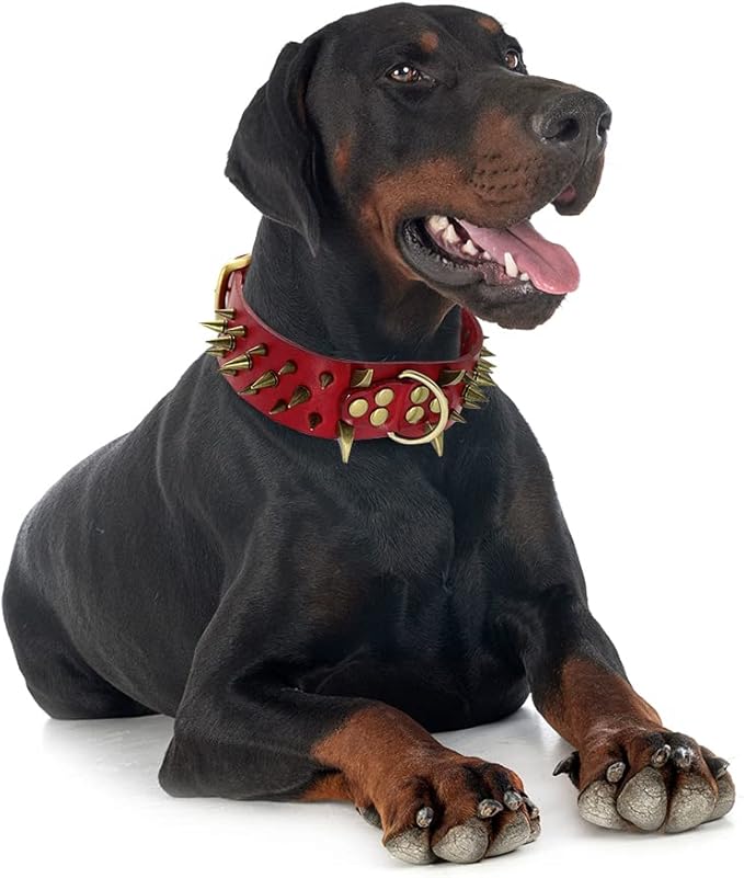 Spiked Studded Leather Dog Collars Wide Sharp Pitbull Big Dog Collar Adjustable for Medium Large Dogs Boxer Bulldog Red L XL