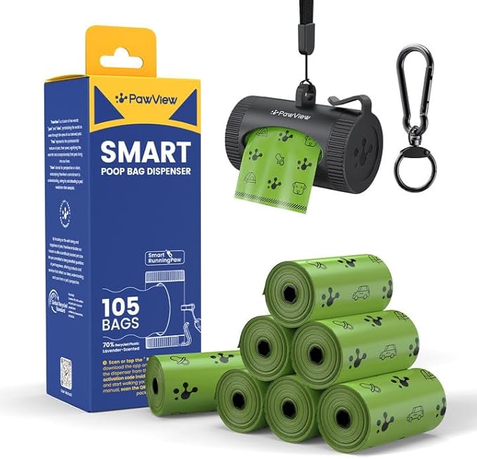 Dog Poop Bag Rolls with Retractable Poop Bag Holder, Leak Proof and Extra Thick Lavender Pet Waste Bags, 70% Recycled GRS Certified, 1 Dispenser and 105 Bags for Doggy Walking & Cat Litter