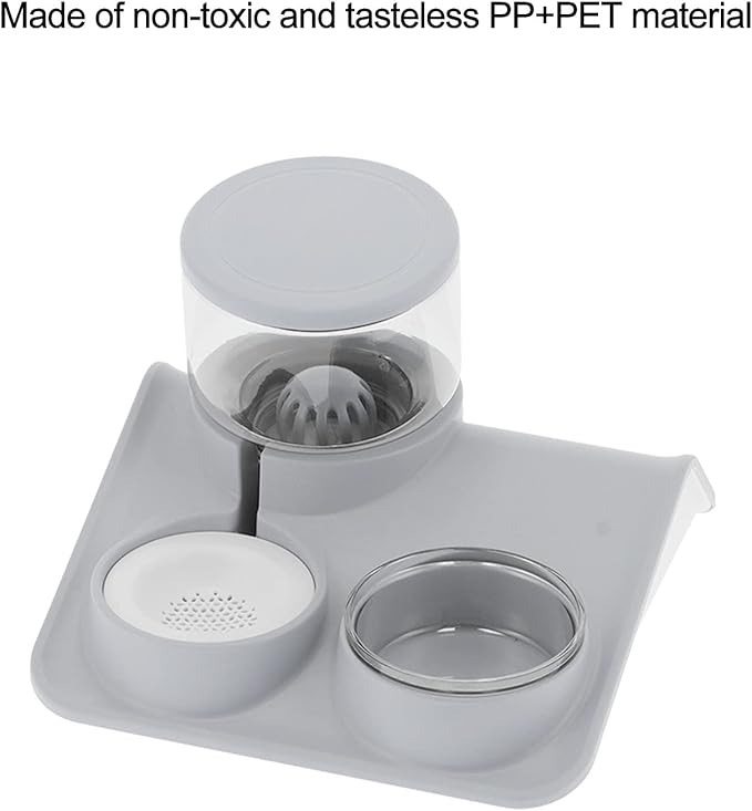 Pet Water Dispenser and Food Bowl Set, 1.8L Automatic Water Dispenser with Detachable Bowl, PPPET Material, Non Slip Base, Convenient for Cats and Small Dogs (Roof Drinking Fountain Gray)