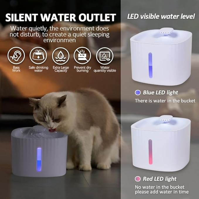 Pet Water Dispenser, LED Light Display 3L Large Capacity Intelligent Automatic 24-Hour circulating Filter pet Water Basin, Silent Design, Suitable for Cats and Dogs Drinking Water
