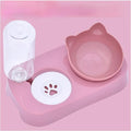 Pet Dog Bowl Automatic Cat Food with Water Fountain Drinking Raised Stand Dish Bowls and Dush(Pink)