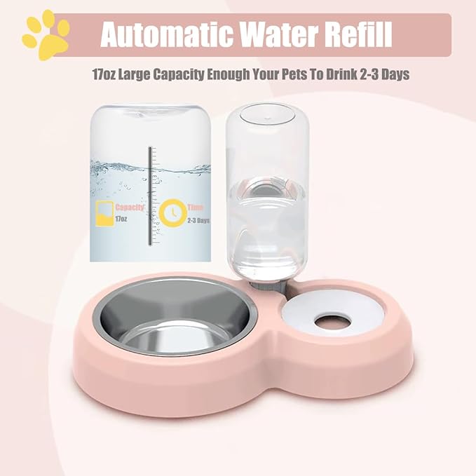 JAY D.L Double Dog Bowls, Cat Food and Water Bowl Set with Water Dispenser and Stainless Steel Bowl Gravity Feeder for Small or Medium Size Dogs Cats Rabbits (Pink)