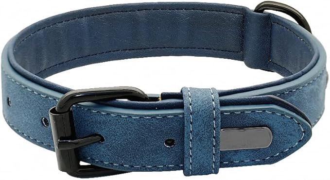 Genuine Leather Large Dog Collar Padded Durable Dog Collars Real Leather Collar for Large Dog Rottweiler Labrador Pitbull Blue XL