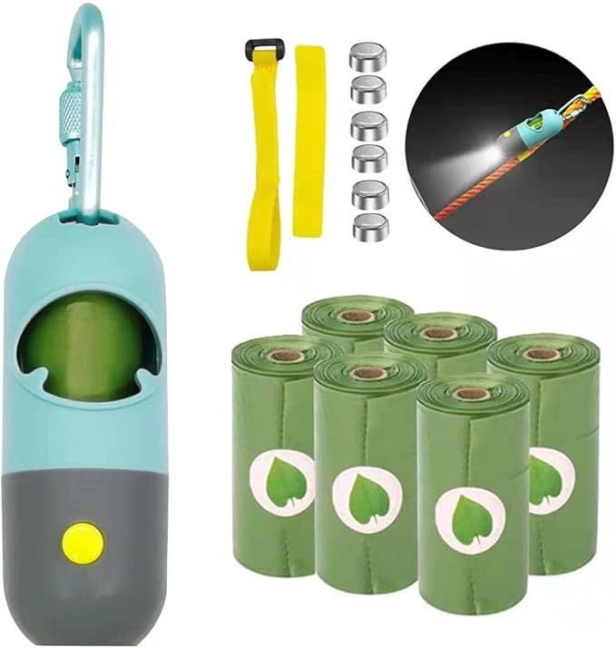 Dog Poop Bags Dispenser with LED Flashlight Pet Waste Bags Holder with 105 Count Green Unscented Diaper Garbage Bags and Metal Carabiner and Hook&Loop Fastener (Blue, 1 Holder 7 Rolls)